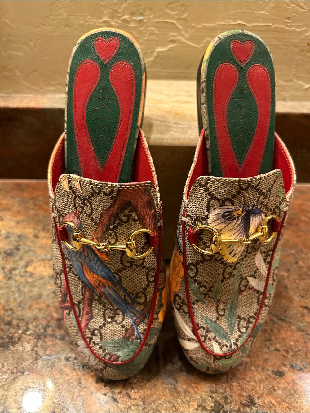 Gucci Multicolor GG Supreme Bird Print Leather Horsebit Mules - Picture 3 of 5